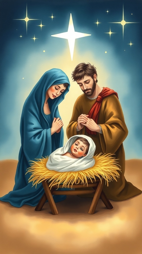Simple Christmas Paintings of Jesus A simple Nativity scene painting with baby Jesus, Mary, and Joseph under a starry sky.